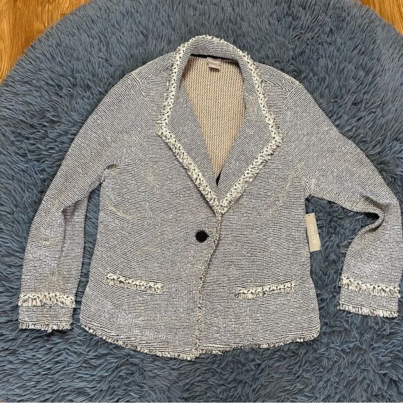 Chico's White Black Structured Pocket Cardigan Tweed Texture Size L NWT - Picture 2 of 7